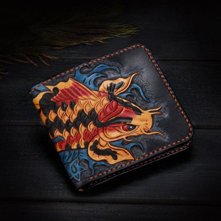 Vintage Pure Handmade Leather Lucky Carp Short Wallet - Trendha