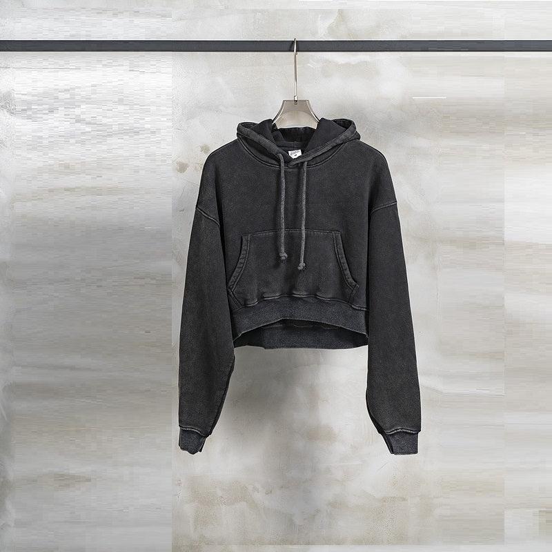 Vintage Washed Plush Shorts Hooded Women's Sweater - Trendha