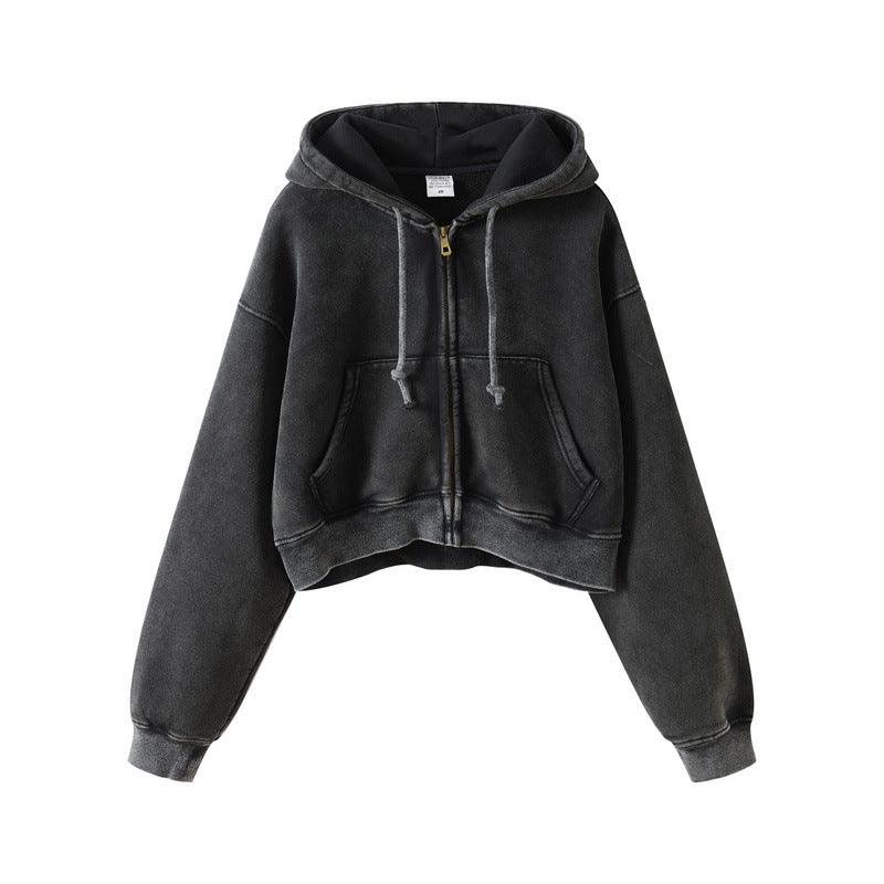 Washed Plush Zipper Hooded Sweater Retro Hot Girl Blouse - Trendha