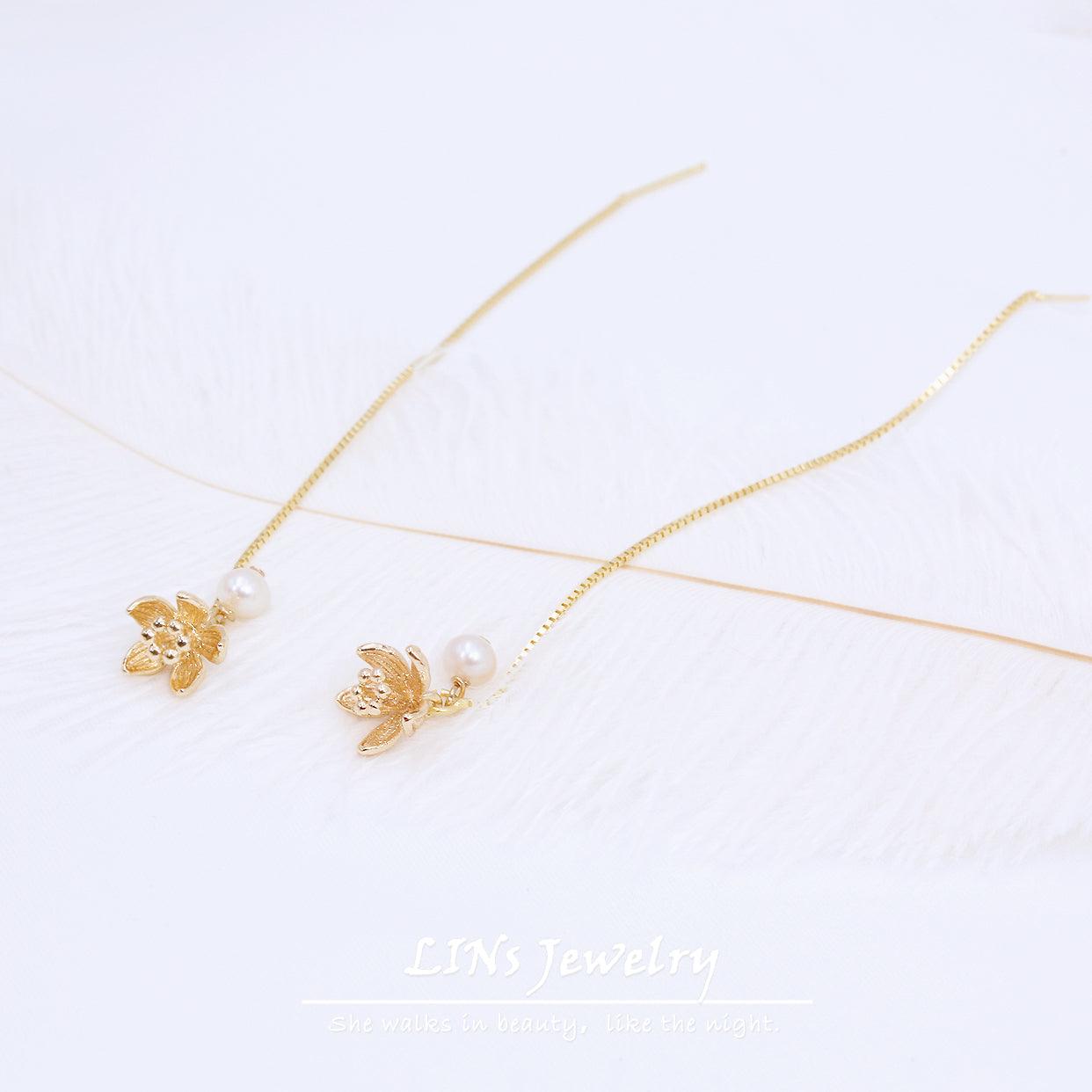 Water Lily Three-dimensional Lotus Pearl Bag Gold Ear Clip - Trendha