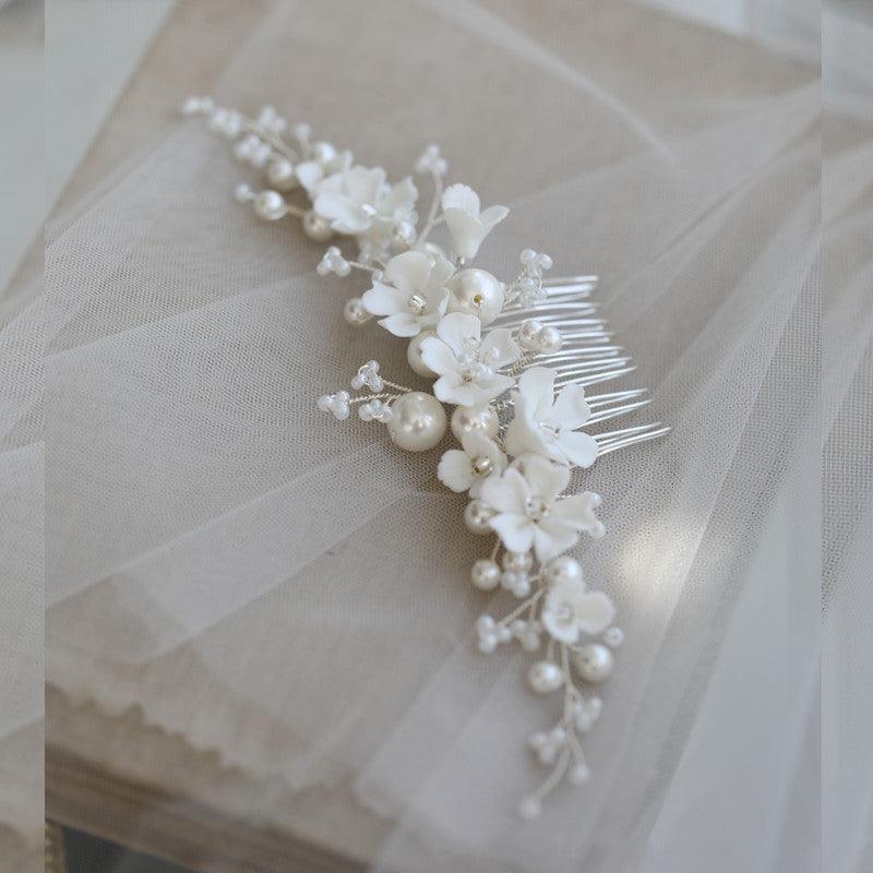 White Ceramic Flower Bridal Hair Comb Shell - Trendha