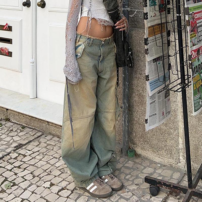 Women's Asymmetric Retro Raw Hem Jeans Straight-leg Overalls - Trendha