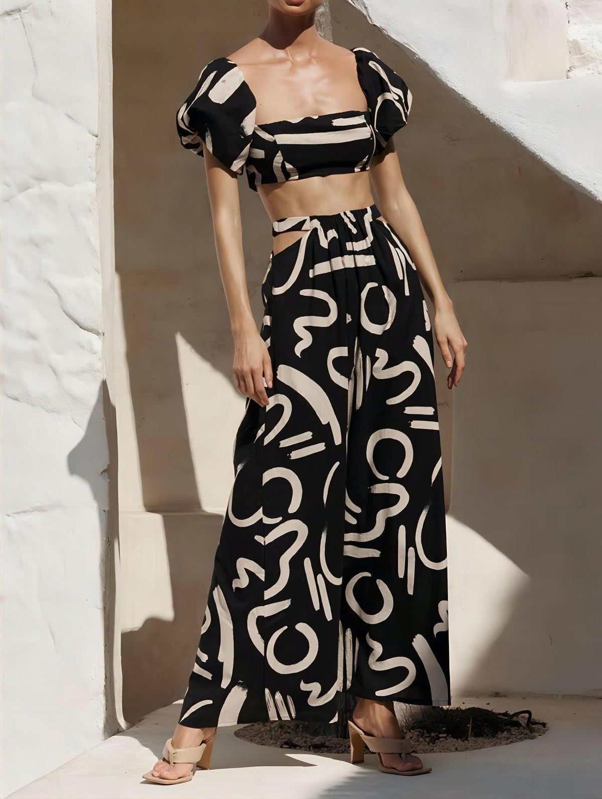 Women's Bubble Sleeve Hollow-out Large Swing Dress Split Skirt Suit - Trendha