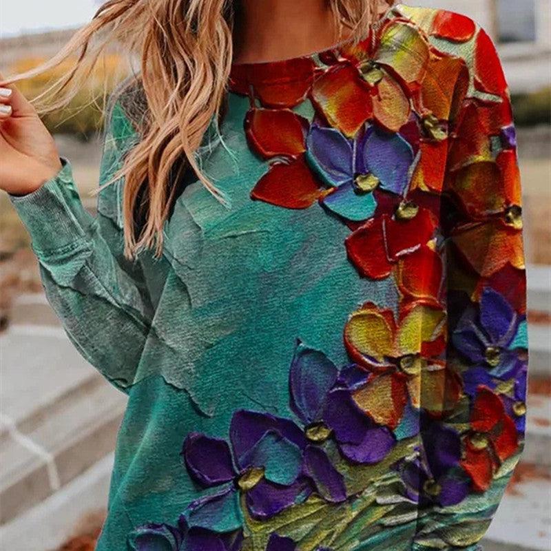 Women's Casual Long Sleeve Pullover Printed Round Neck T-Shirt - Trendha