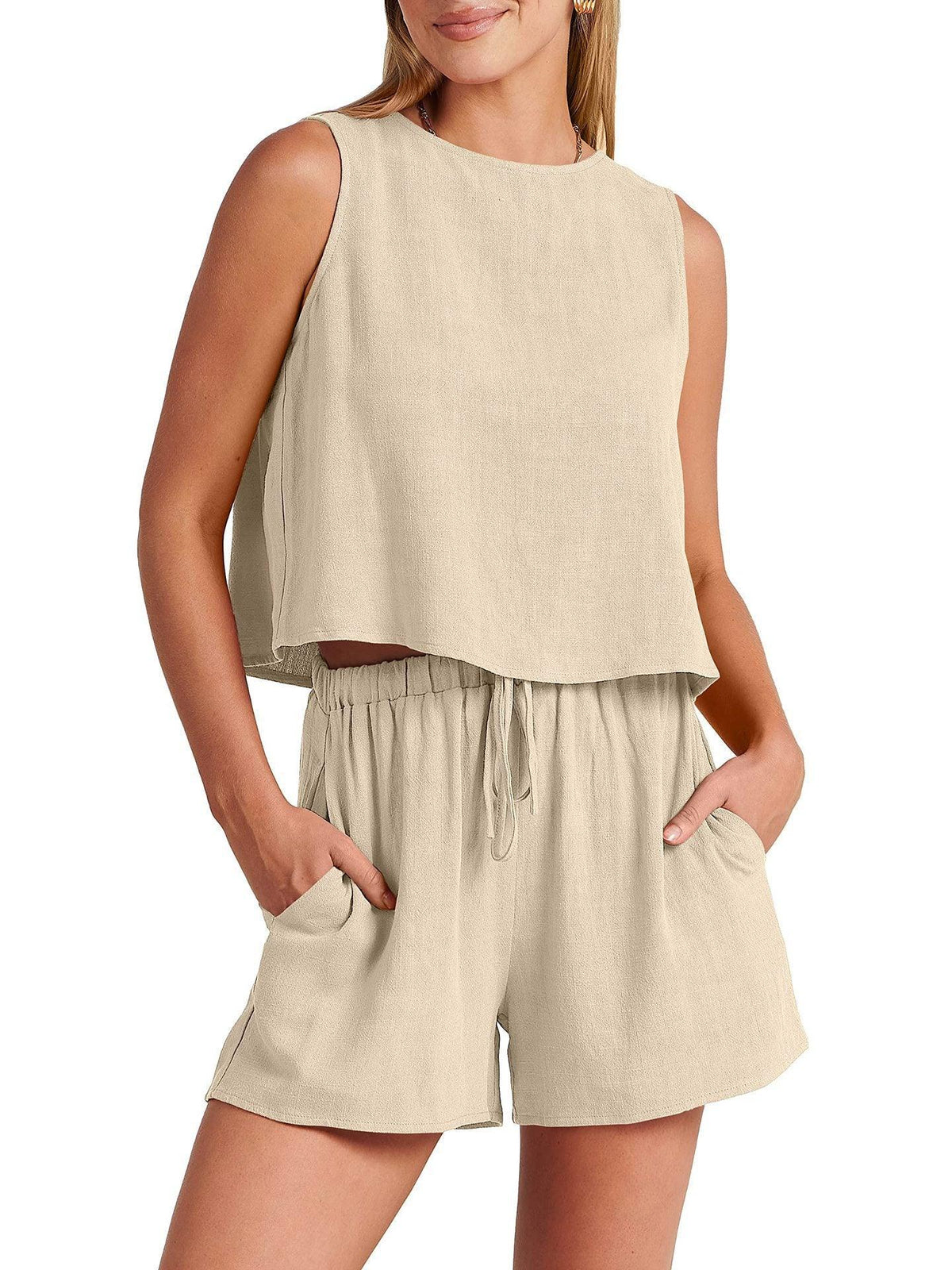 Women's Casual Sleeveless Loose Cotton Linen Shorts Two-piece Suit - Trendha