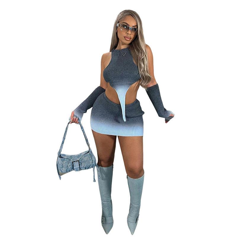 Women's Clothing New Knitted Gradient Irregular Top High Waist Hip-wrapped Skirt Suit - Trendha
