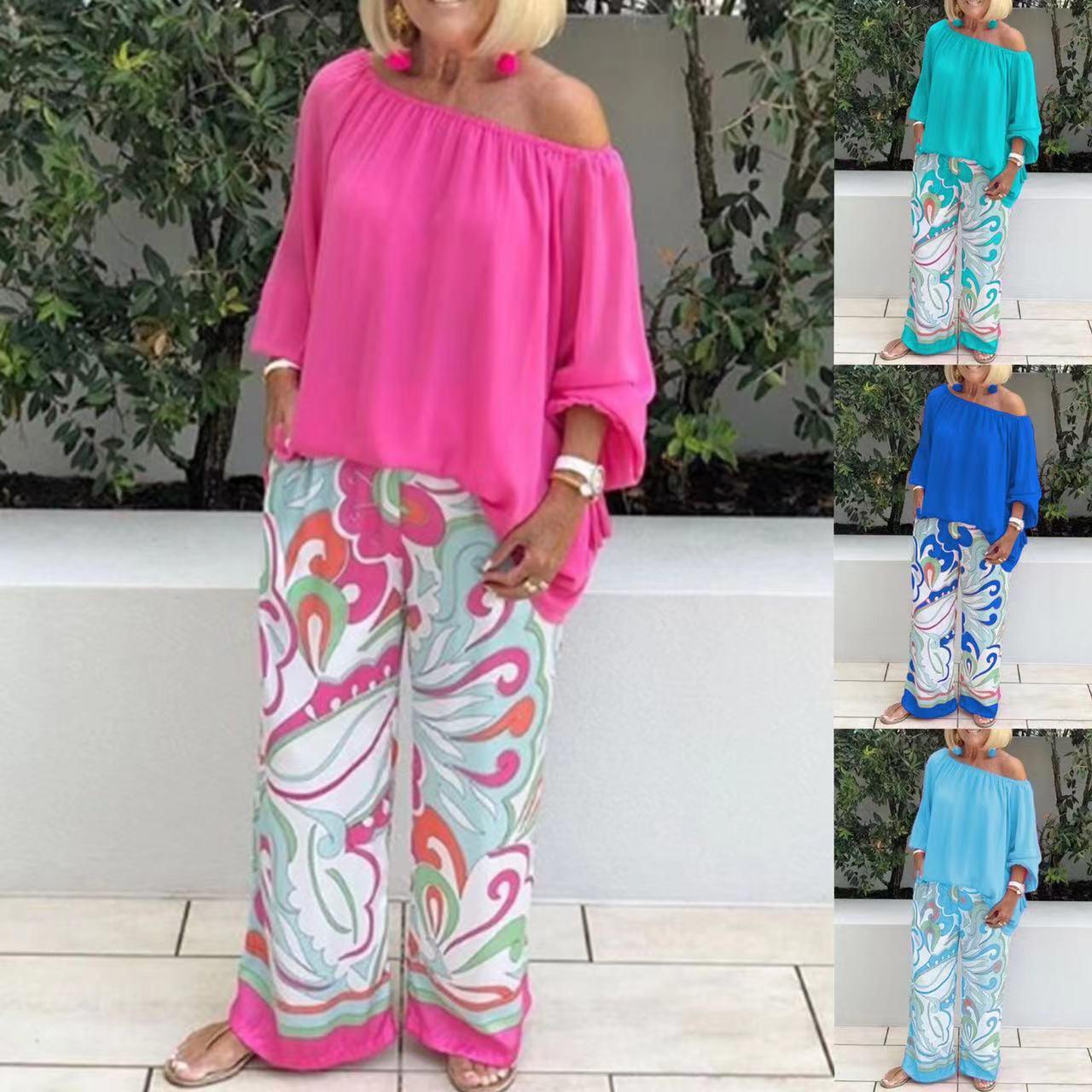 Women's Clothing Printed Pants Off-shoulder Top Casual Suit - Trendha