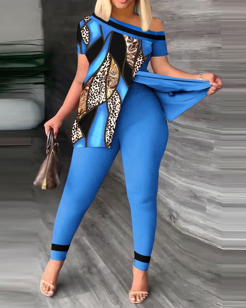 Women's Fashion Casual Slit Diagonal Collar Printing Suit - Trendha