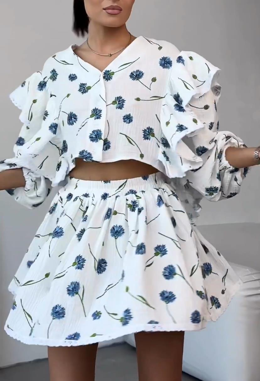 Women's Fashion Cotton-style Ruffled Strawberry Printed Short Skirt Suit - Trendha