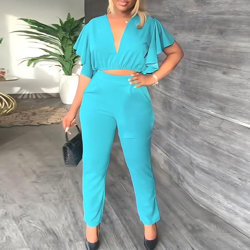 Women's Fashion Sexy Deep V Midriff-baring Top Straight-leg Trousers Casual Two-piece Suit - Trendha