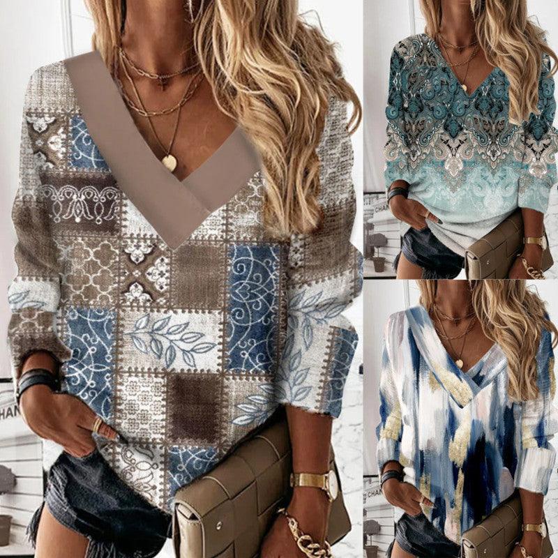 Women's Geometric Floral V-neck Long Sleeve Loose Sweater - Trendha