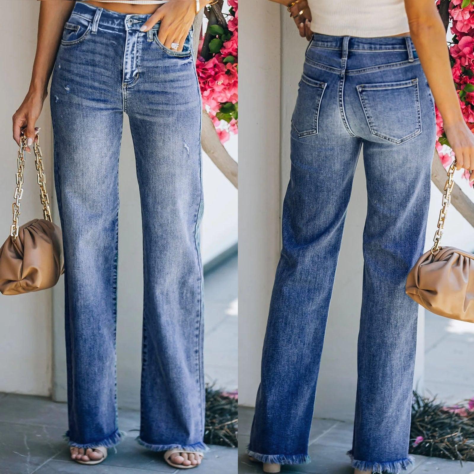Women's Hipster Straight Leg Trousers Washing Water Waist - Trendha