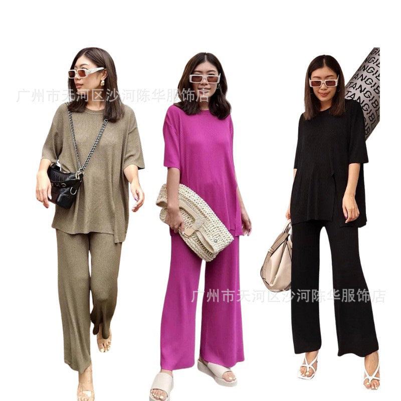 Women's Knitted Ice Silk Two-piece Suit Split Round-neck High Waist - Trendha