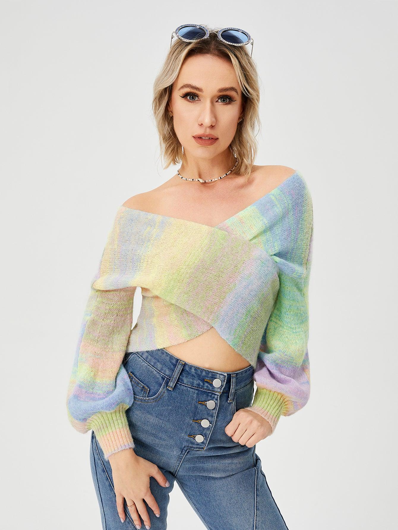 Women's Loose Casual Rainbow Stretch Off Shoulder Sweater - Trendha