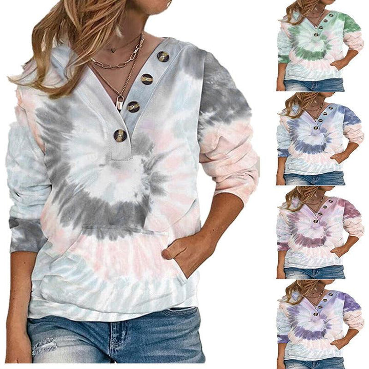 Women's Loose Tie-dyed Printed Button Long-sleeved Sweater - Trendha