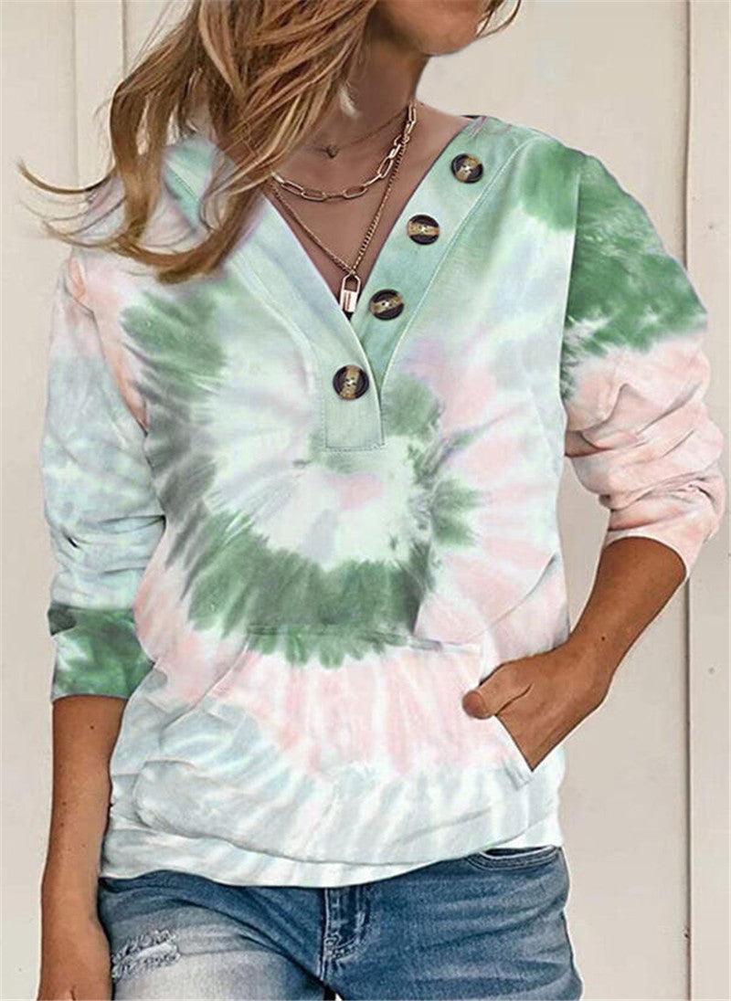 Women's Loose Tie-dyed Printed Button Long-sleeved Sweater - Trendha