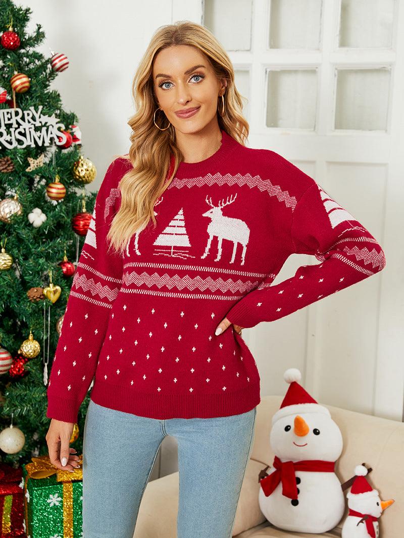 Women's Pullover Deer Jacquard Christmas Holiday Sweater - Trendha