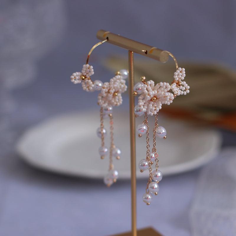 Women's Rice Pearl Flower Tassel Earrings - Trendha