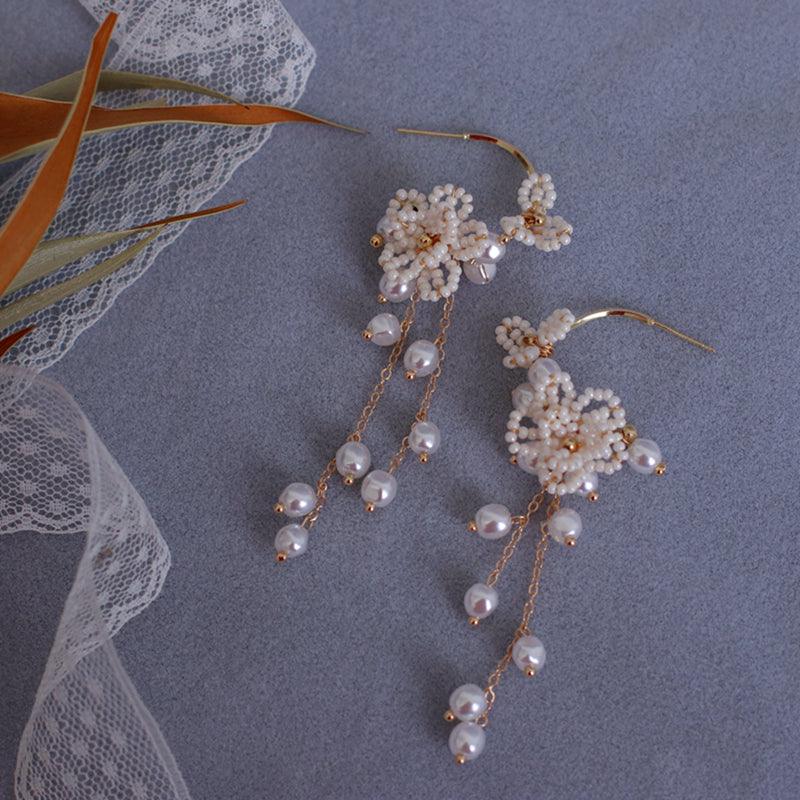 Women's Rice Pearl Flower Tassel Earrings - Trendha