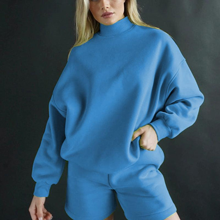 Women's Stand Collar Long Sleeve Fleece And Shorts Two-piece Suit - Trendha
