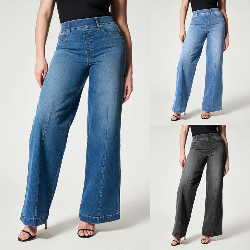 Women's Straight Jeans Mid Waist Wide Leg Pants High Elastic Waist Trousers - Trendha