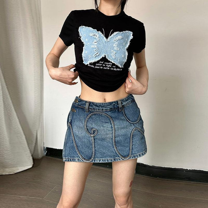 Women's Summer Hot Girl Cropped Printed Top Butterfly Embroidered T-shirt - Trendha