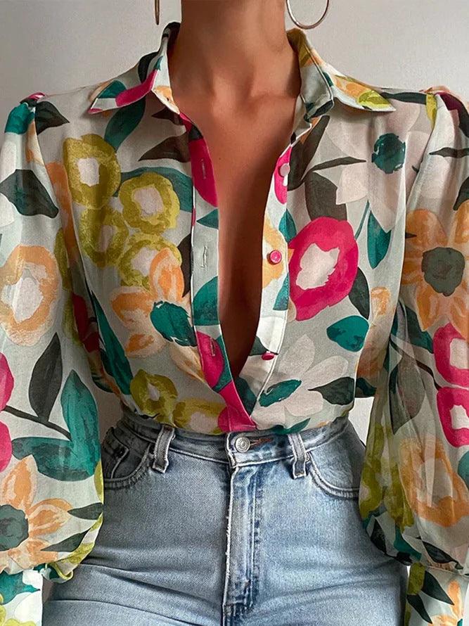 Women's Summer Printed Lantern Sleeve Fashion Shirt - Trendha