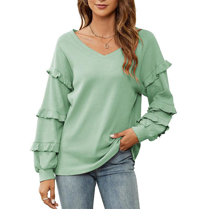 Women's Top Autumn And Winter New Women's Waffle V-neck Flounce Top - Trendha