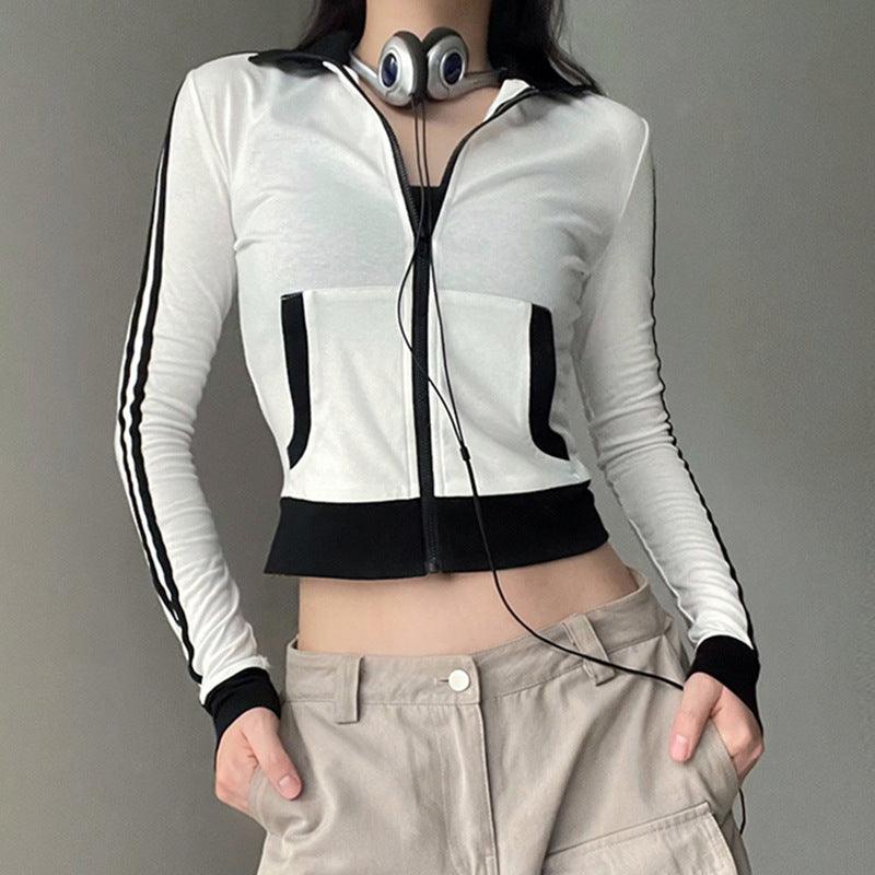 Women's Zipped Stand Collar Black And White Long-sleeved Top