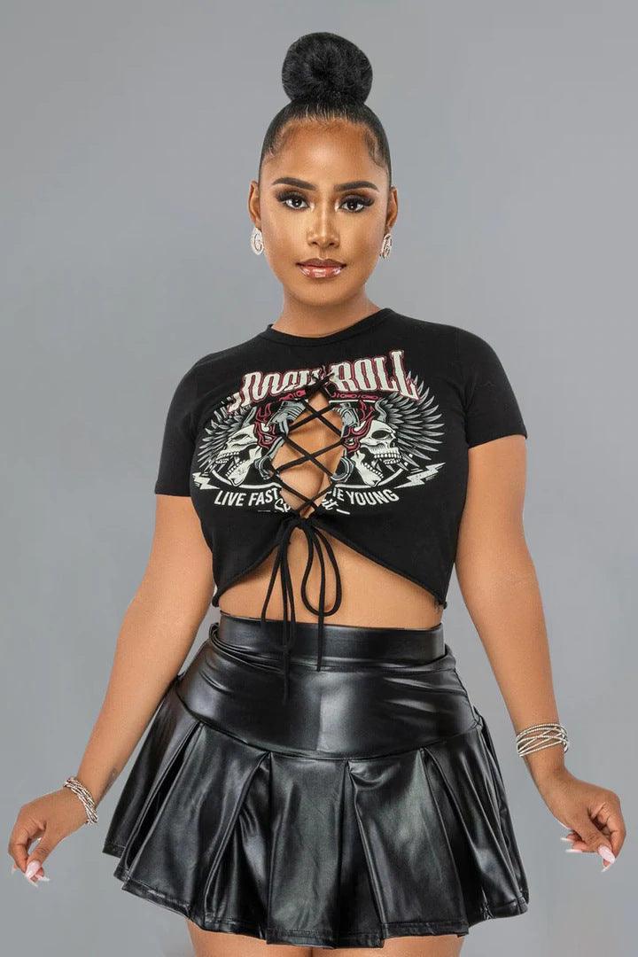 Women Short Sleeve Printed Small Leather Skirt Suit - Trendha