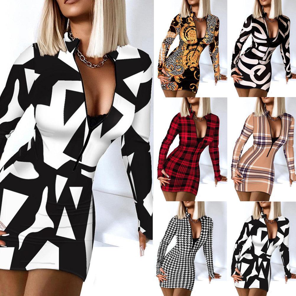 Women's Long-sleeved V-neck Zipper Bag Hip Tight Dress - Trendha
