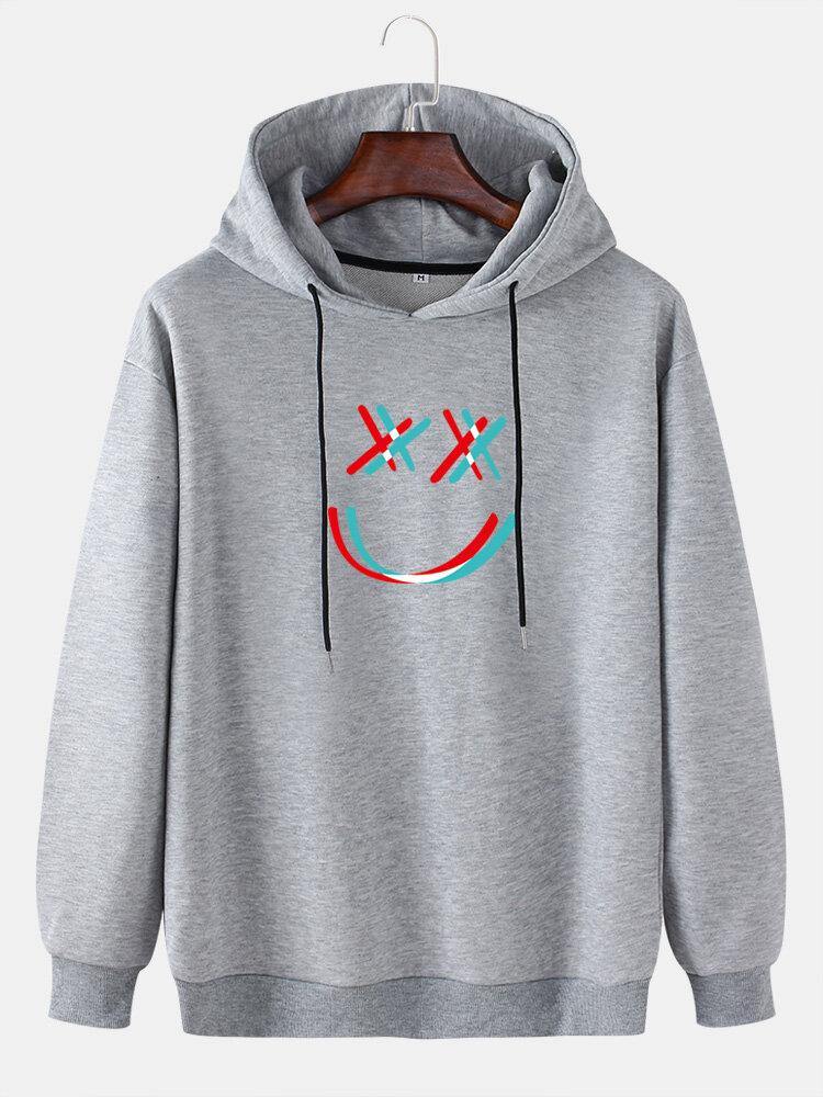 Mens Bright Smile Face Print Drop Shoulder Drawstring Overhead Hoodies - Trendha