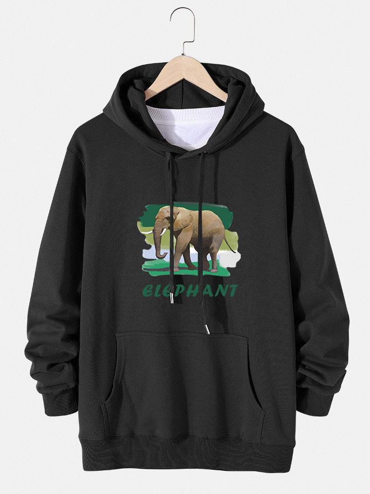 Mens Elephant Letter Graphic Cotton Drawstring Hoodies With Pouch Pocket - Trendha