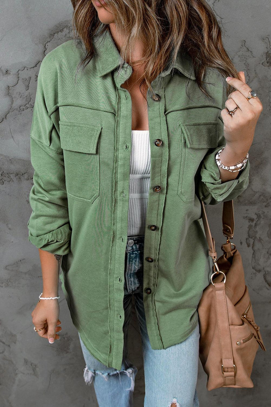 Button Front Shacket with Pockets - Trendha