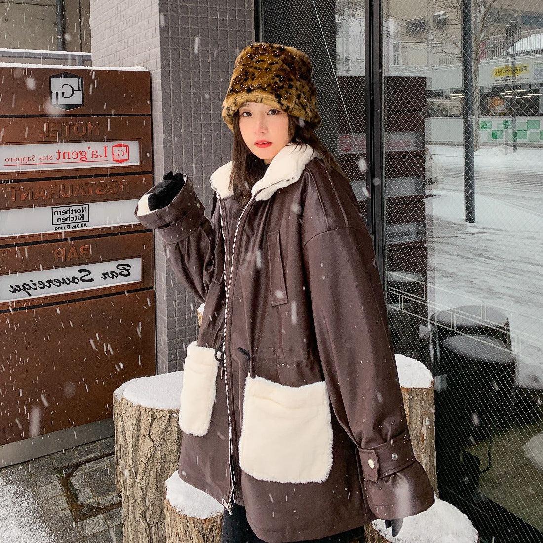 Women's Waist Thickening Lining Stitching Pu Leather Coat Jacket - Trendha