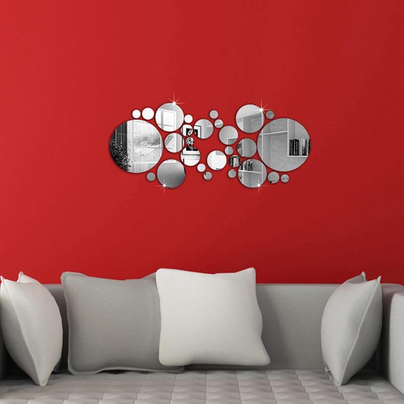Honana DX-Y4 28Pcs Cute Silver DIY Circle Mirror Wall Stickers Home Wall Bedroom Office Decor - Trendha