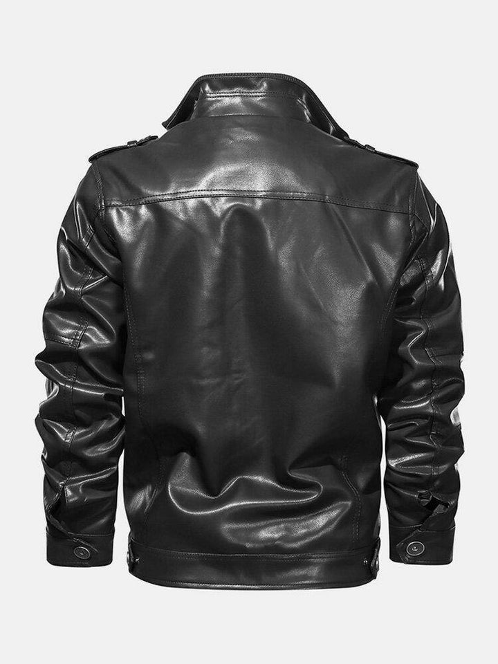 Mens Pocket Zip-Up PU Leather Black Long Sleeve Motorcycle Jacket - Trendha