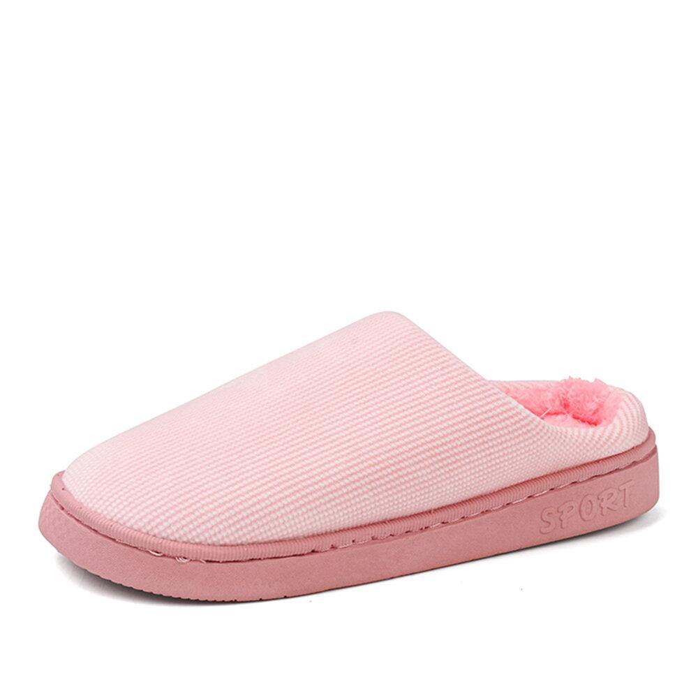 Women Comfy Stripes Closed Toe Winter Warm Lining Slip Resistant Indoor Slippers - Trendha