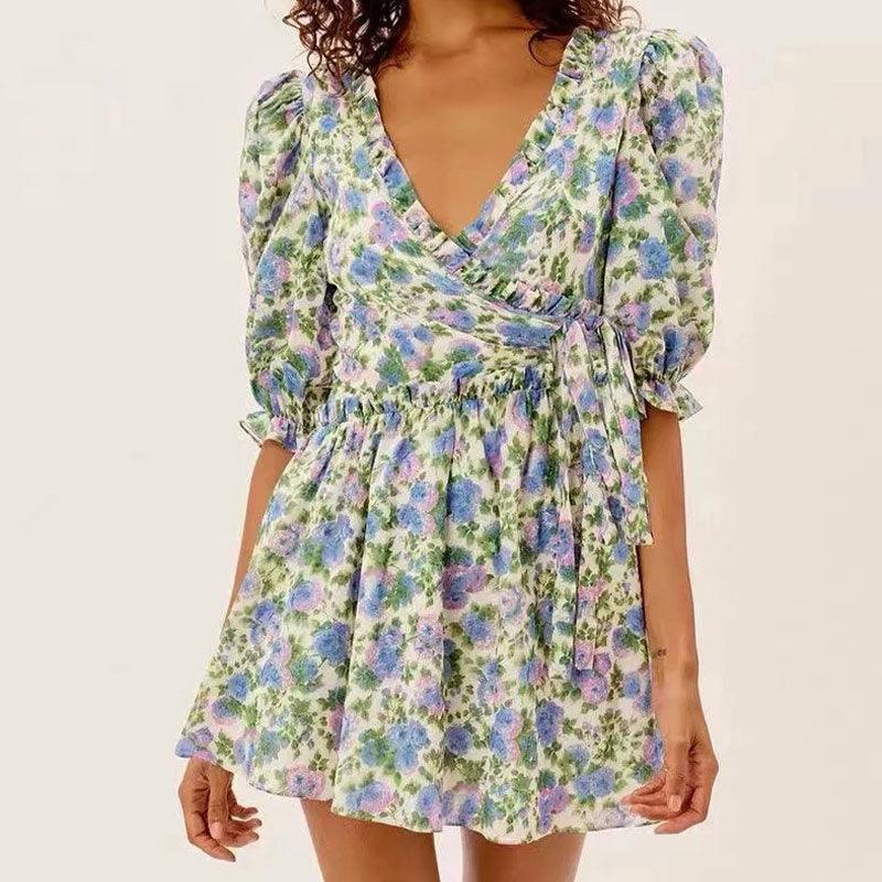 Women Summer Green Floral Chiffon Dresses Holiday Puff Short Sleeve V-Neck Back Lace Up Design Wrap One Piece Dress - Trendha