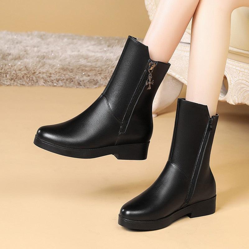 New velvet padded mid-tube thick heel women's boots