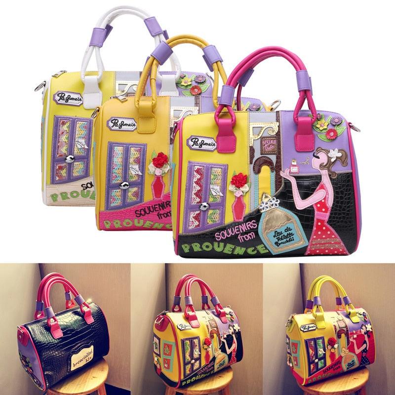 Women's European and American Style Solid Zipper Tote with Cartoon Embroidery - The Perfect Travel & Messenger Handbag - Trendha