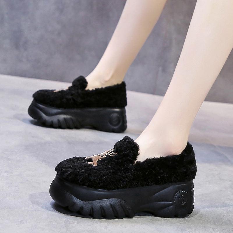 Winter Plus Velvet Inner-increasing Mid-heel Platform Women's Peas Shoes
