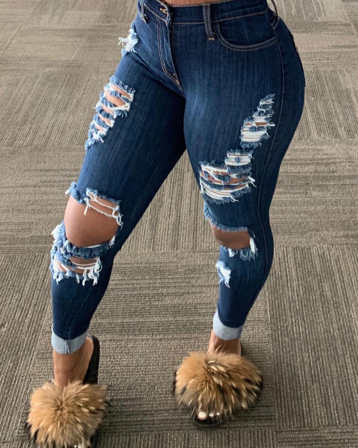 Explosion style ripped denim trousers - Trendha