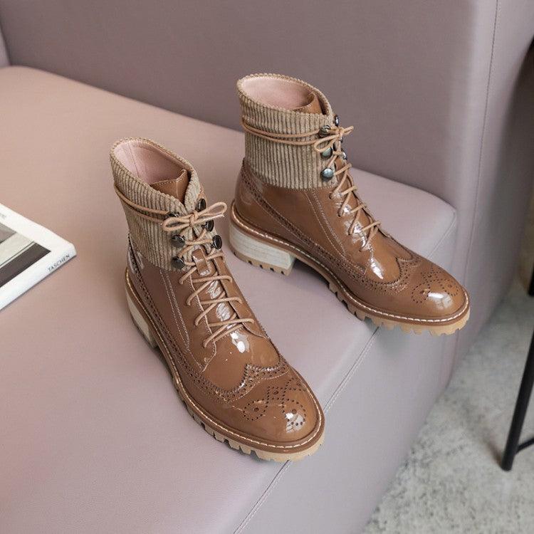 Fashion lace round toe all-match thick heel short boots - Trendha