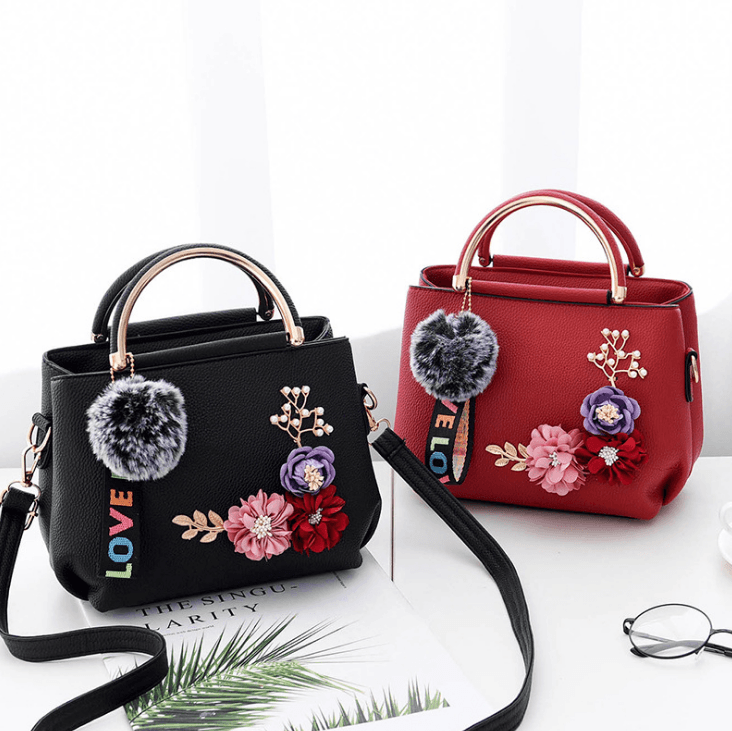 Floral PU Shoulder Bag with Pom-Pom