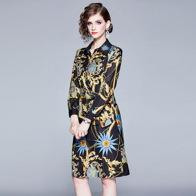 Vintage Lapel Tie Printed Single Breasted Dress - Trendha