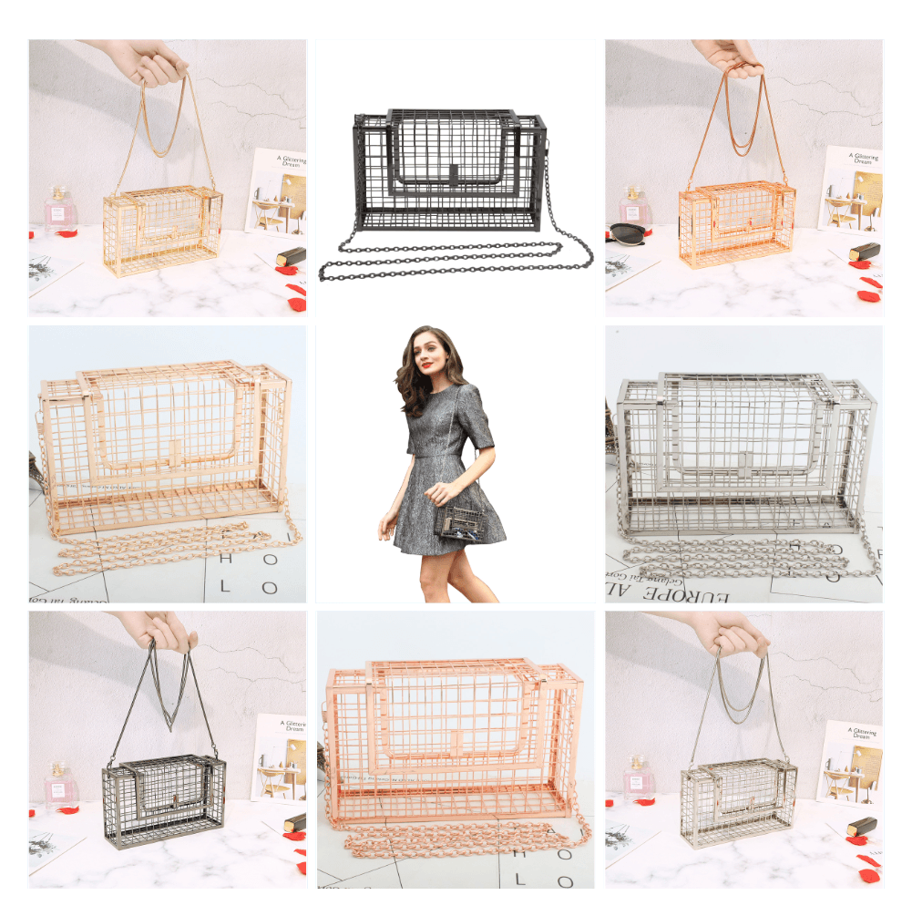 Metal hollow shoulder bag European and American fashion clutch iron mesh chain messenger dinner bag - Trendha