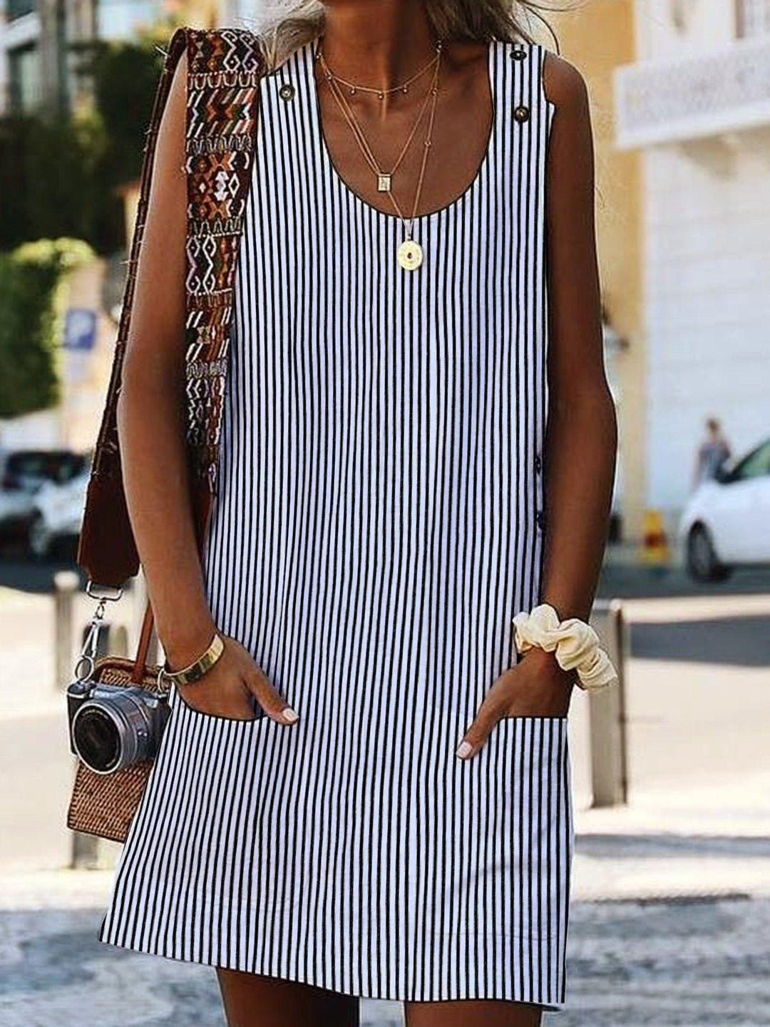 Striped Button Pocket Dress - Versatile Mid-length Skirt - Trendha