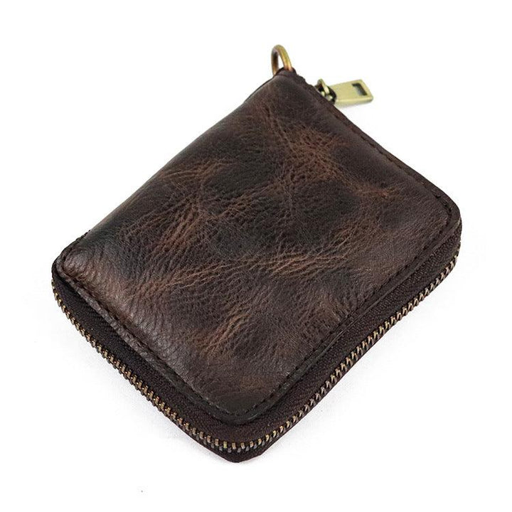 Zipper folding compact vegetable tanned leather wallet - Trendha