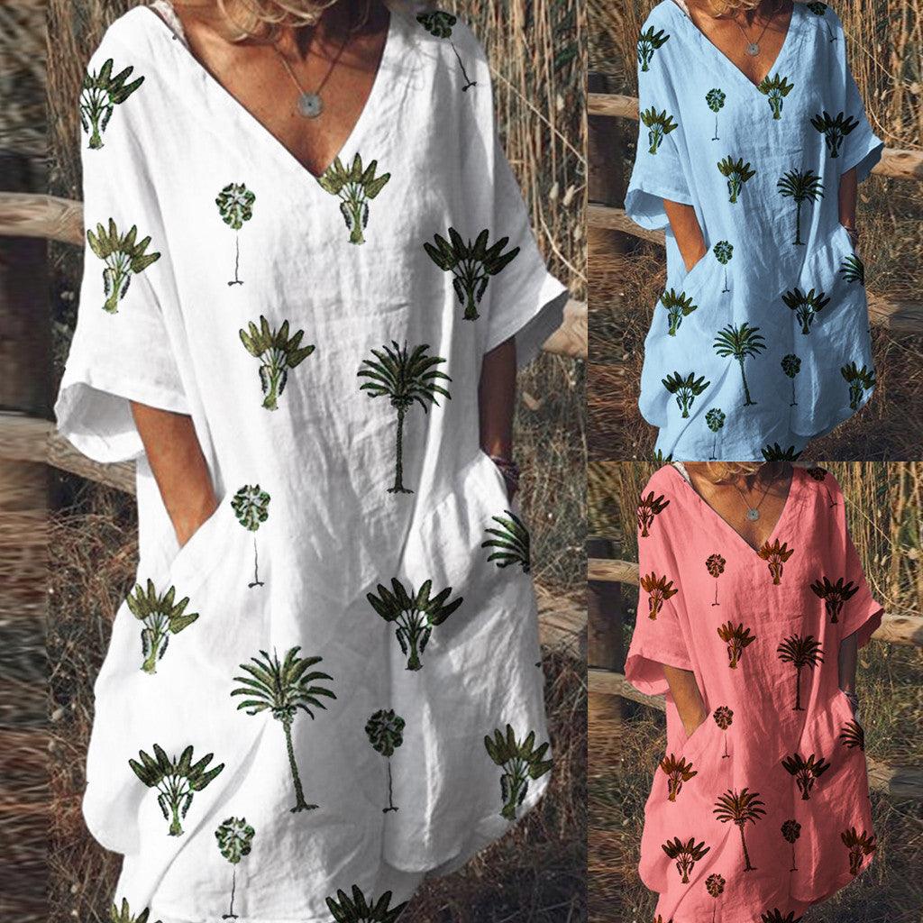 Leaf print V-neck casual flared dress - Trendha